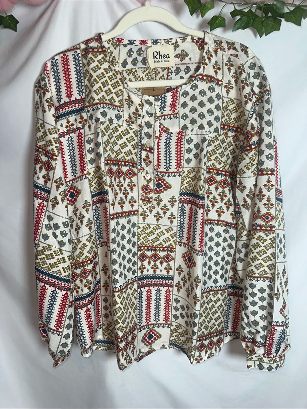 Rhea Women’s Printed Long-Sleeve Patchwork Blouse - White/Multi